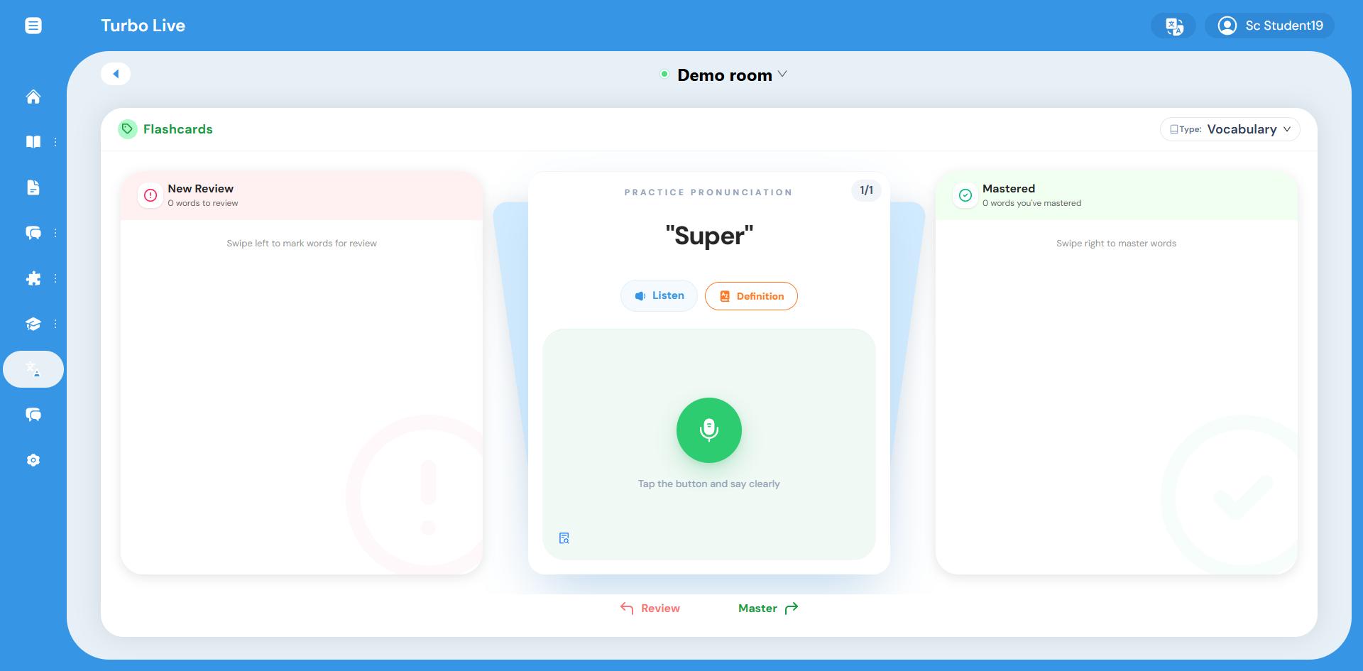 Turbo live classroom view with vocabulary collection