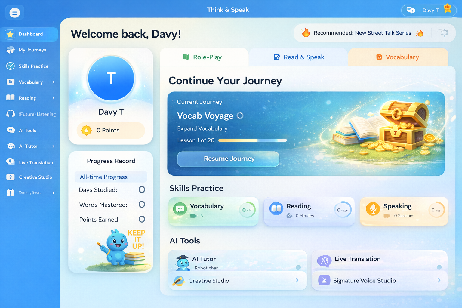 Student dashboard showing Welcome back, progress stats, skills practice, and AI tools