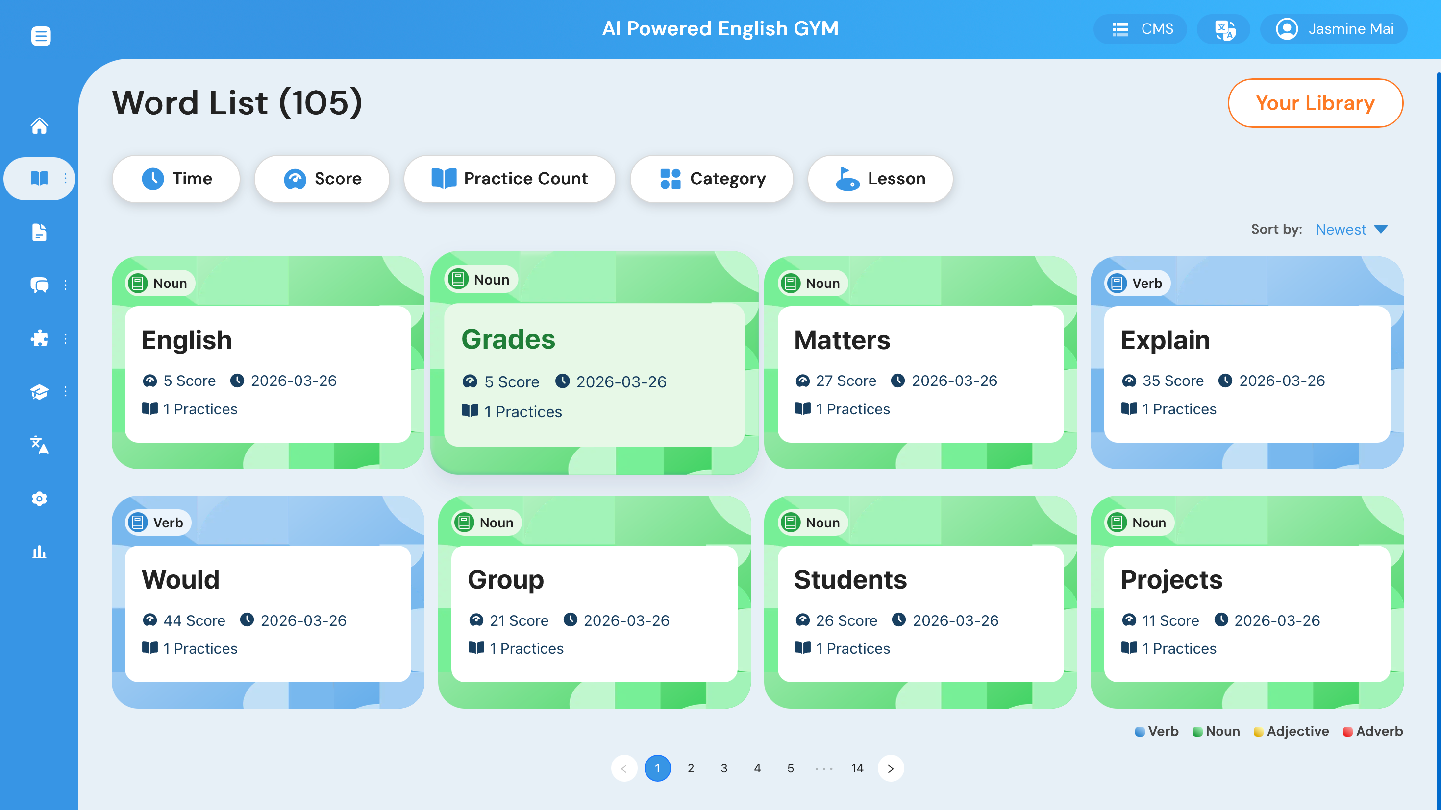 Word List with 105 vocabulary cards showing scores, categories, and practice counts