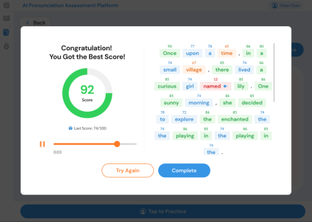 Pronunciation assessment result with score 92 and word-level feedback