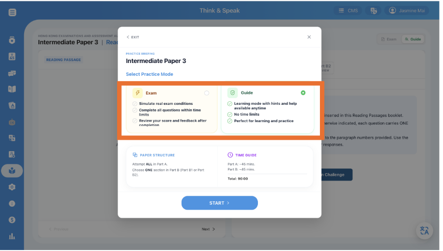 DSE Paper 3 Reading practice with Exam and Guide mode selection