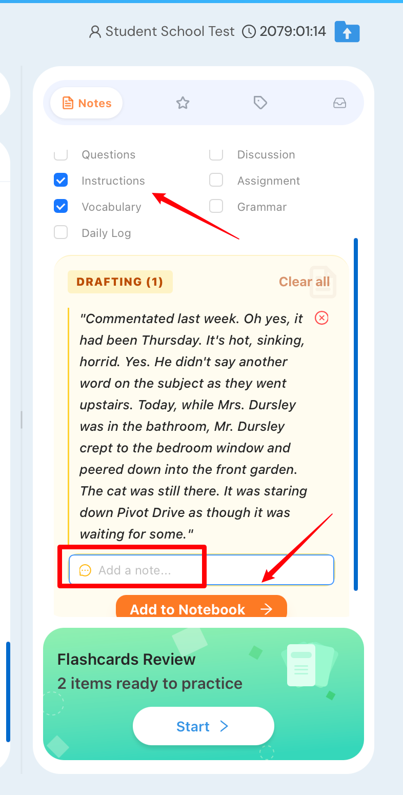 Smart in-class notes with Instructions and Vocabulary tagging, drafting, and flashcard review
