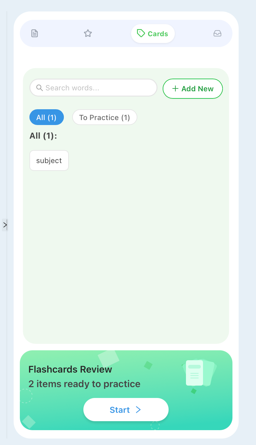 Vocabulary flashcards list with practice status